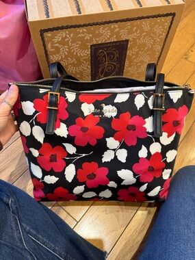 kate spade Black Floral Tote with Red & White Flowers